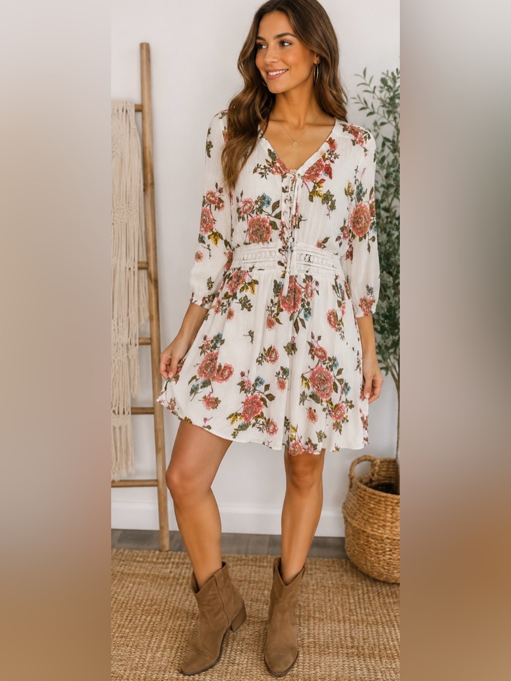 American Rag Cream Floral Boho Peasant Dress Lace Up Waist Size Large